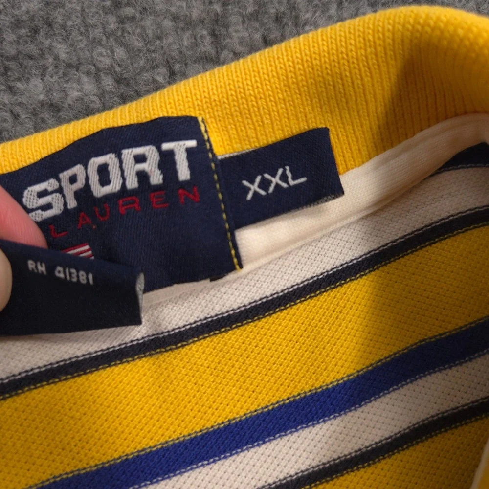 Ralph Lauren Polo Sport Polo Shirt Mens XXL Yellow Blue Striped Pique Knit Retro